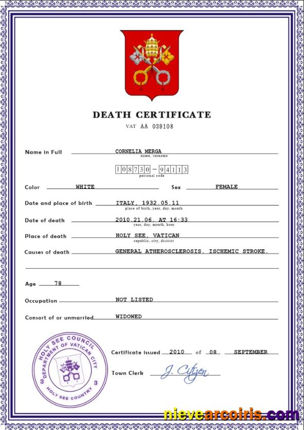 Holy See vital record death certificate